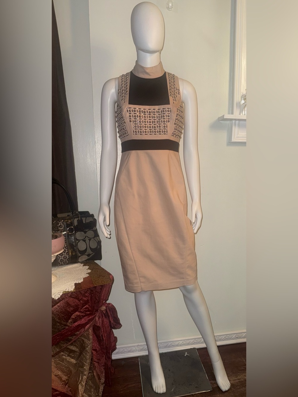 Guess Beige and Black Sleeveless Studded Bodycon Sheath Dress
